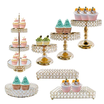 1-3vnt/lotas Metalinis tortų stovas su perlų akrilo veidrodžiu Auksinis pyragas pjedestalas, keksiukų užkandžių padėklas, kepimo vakarėlio reikmenų centrinis elementas