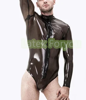 100% natūralus lateksas rankų darbo Leotard priekinis užtrauktukas karštas seksualus vyriškas kombinezonas Moteriškas maudymosi kostiumėlis Pėdkelnės ilgomis rankovėmis
