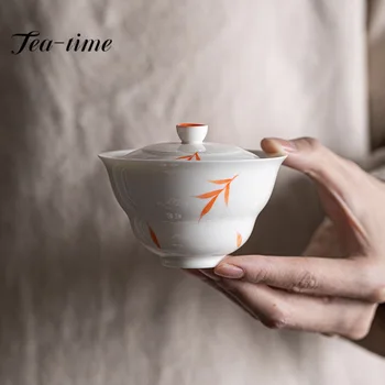 100ml Gryna rankomis dažyta raudonų lapų keramikos arbata Tureen Kūrybinis moliūgais dengtas dubuo su dangčiu Buitinės arbatos gaminimas Gaiwan Kung Fu rinkinys