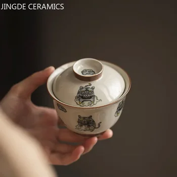140ml Kinų stiliaus keramika Gaiwan Teacup rankų darbo arbatos užpilas Pritaikykite porceliano teaware nešiojamus arbatos puodelius su dangčiu