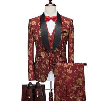 2023 Fashion New Men's Boutique Business Host Wedding Suit Three Piece Set / Male Print Hot Stamping Blazers Jacket Pants Liemenė