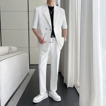 2023 Vasaros kostiumas Vyrai Slim Fit Fashion Social Mens Set Korėjietiškos trumpomis rankovėmis Blazer Kelnės Dviejų dalių rinkinys Vyrų biuro oficialus kostiumas