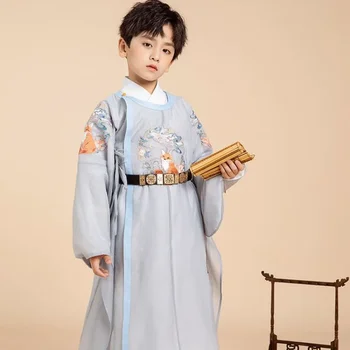 2023 Vasaros originalus apvalaus kaklo lapės siuvinėtas Hanfu chalato kostiumas su diržu Vaikai Berniukai Kinų stiliaus kardininkas Cosplay kostiumai