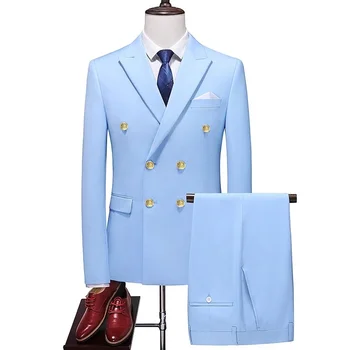 2024 Fashion New Men's Business Double Breasted Solid Color Suit Coat / Male Slim Wedding 2 Vnt Blazers Jacket Pants Kelnės