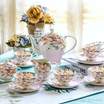 21piece-set, Delicate Bone China Coffee Cup Set, European Vintage Tea Cup, Tea Kettle, Coffee Teapot and Tea Cup and Saucer Set