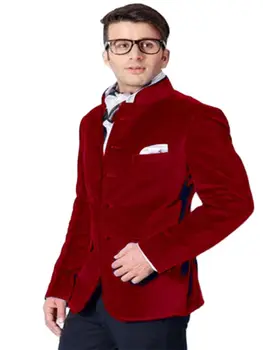 2Pcs Vyriškas kostiumas Casual Red Velvetteen Man Blazer Kelnės Vyriškas paltas Kostiumas Vestuvių jaunikis Smokingai Prom Vyriški kostiumai Striukė+Juodos kelnės