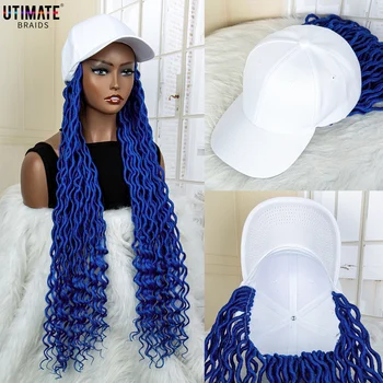 34 colių mėlynas sintetinis kepurės perukas su bangų garbanotomis pynėmis juodaodėms moterims Ilgi prailginimai Beisbolo kepuraitė Pintas perukas