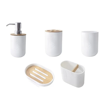 5Vnt Bambuko vonios kambario komplektas Tualeto šepetėlių laikiklis Dantų šepetėlis Stiklinis puodelis Muilo dozatorius Muilo indų vonios kambario aksesuarai