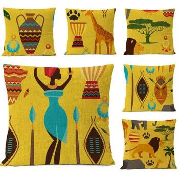 Afrikos spauda Pagalvės užvalkalas geltonas Lininis pagalvės dėklas Pagrindinis Dekoratyvinės pagalvės Afrikos gyvūnai Pagalvės užvalkalas
