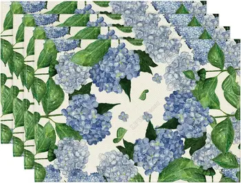 Akvarelė Hortenzija Stalo kilimėliai valgomojo stalui 12 x 18 colių pavasario vasaros dekoravimas Kaimiški plaunami stalo kilimėliai 4 violetinės spalvos