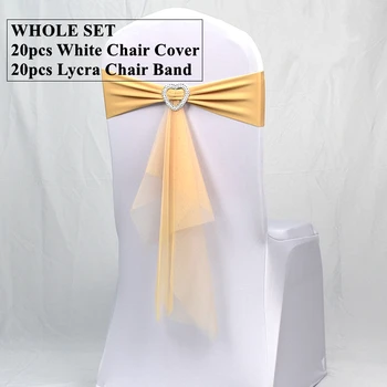 Aukštos kokybės 20vnt Baltas banketinis spandekso kėdės užvalkalas su 20 komplektų Lycra kėdės juostos varčia vestuvių renginiui Viešbučio dekoravimas