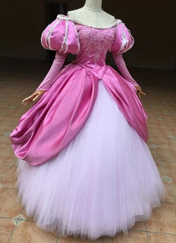 Aukščiausios kokybės princesės Cosplay kostiumas Ariel Pink suknelė ilgomis rankovėmis su perlų nėriniais UP suknelė suaugusioms moterims Helovino vakarėlis