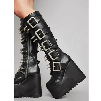 Black Rivet Decor Punk Boots Belt Decor Platform Wedges High Heel Shoes for Women High Heel High Heels 2023 Zapatos Para Mujere
