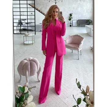 Chic Notch Lapel Single Breasted Woman Suits 3 Piece Formal Casual Office Lady Clothing Elegant Pants Komplektai (Blazer+Vest+Pants)