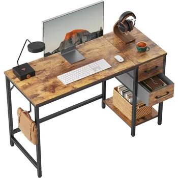 CubiCubi Computer Home Office Desk su 2 stalčiais, 47 colių mažo stalo studijų rašymo stalas, modernus paprastas kompiuterio stalas, kaimiška ruda