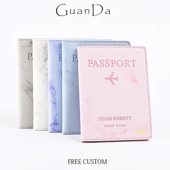 Custom Name Passport Cover Marble Style PU Leather Travel Portable Card Holder Fashion Woman Man Essential Travel Accessories