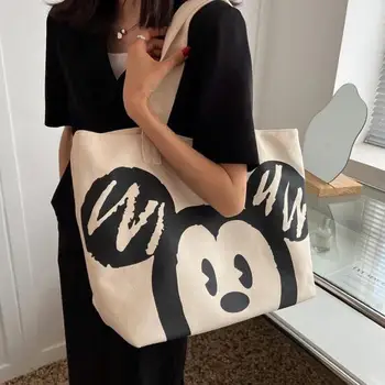 Cute Miniso Co Branded Disney Women Anime Bag Mickey Mouse Cartoon Canvas Large Capacity Fashion Zipper Female Tote Bag rankinė