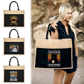 Džiuto rankinė Lininiai pečių maišai Džiuto imitacija Maišai Lininiai krepšiai Moterų pirkinių tote laminuoti krepšiai Vakarų juokingi gyvūnai 2023