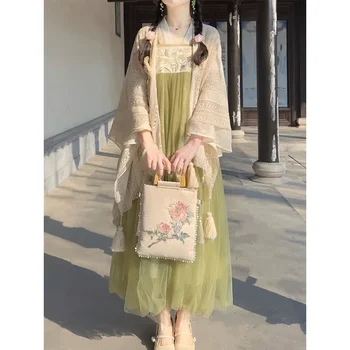 Elegantiškos žalios gėlės Siuvinėtos nėrinių Hanfu suknelė su smėlio spalvos skara Kinų tradiciniai drabužiai mergaitėms Saldžios Lolitos suknelės