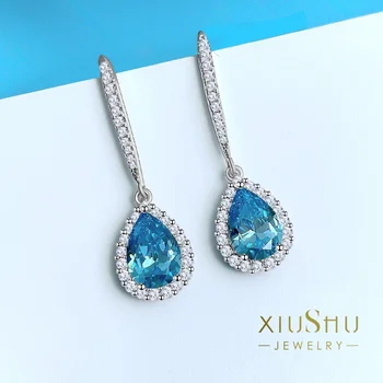 Fashion Artificial Blue Treasure Droplets Sidabriniai auskarai, inkrustuoti importuotais didelio anglies kiekio deimantiniais auskarais