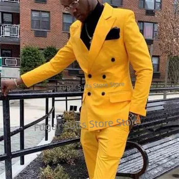 Fashion Yellow Wedding Suits for Men Slim Fit Double Breasted Groom Formal Tuxedos2 Pieces Sets Luxuly Male Blazer Kostiumas Homme