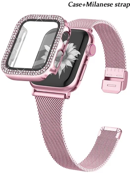 Glass+Case+Milanese dirželis Apple Watch apyrankei 45mm 40mm 41mm 44mm Slim Loop juostos Deimantinė apyrankė iWatch Series 9 8 7 6 5 4 Se