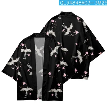 Gėlių kranas Atspausdintas laisvas japoniškas Kimono gatvės drabužis Paplūdimio megztinis Chalato vasaros moterys Vyrai Haori Top Yukata