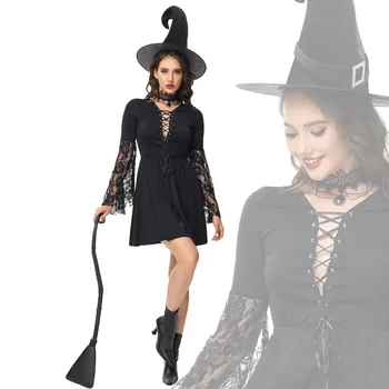 Halloween Cosplay Witch Adult Black Cutout Nėrinių raganos suknelės kostiumas