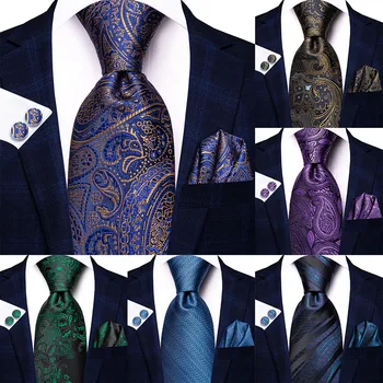 Hi-Tie mados dizaineris Navy Blue Gold Paisley šilkinis vestuvinis kaklaraištis vyrams Handky Cufflink Gift Business Party Dropshiping