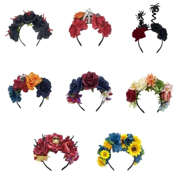 Imituotas gėlių ir kaukolės formos galvos apdangalas moterims Helovino vakarėlis Plaukų lankas Plaukų juosta Moteris, fotografuojanti plaukų aksesuarus