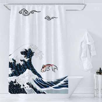 japoniško stiliaus jūros banga Dušo užuolaidų spausdinimas Modernus šiaurietiškas minimalistinis polisterio audinys Namų dekoras Vonios kambario užuolaida su kabliukais