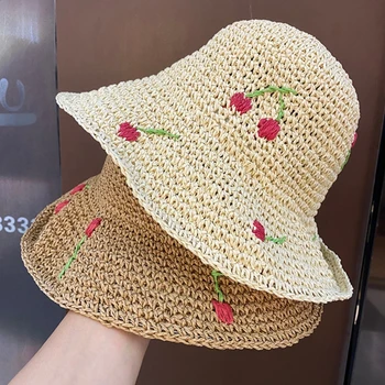 Kaušo kepurė moterims paauglėms Platus kraštas Sulankstoma minkšta žvejo kepurė Pavasario vasaros anti-UV kepurė Nėrimo vyšnių kepurė