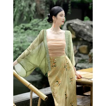 Kinijos vintažinė Kinijos Respublika Patobulinta Hanfu nacionalinio stiliaus kardigano suknelė Sling Elegantiškas plonas tradicinis Hanfu dienos kostiumas
