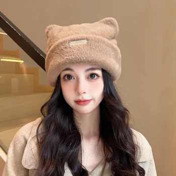 Korėja Mielos katės ausys Megzta kepurė Ruduo ir žiema Šilta imitacija Audinė Plaukai Megztinės Kepurės Moterys Auksinis standartas Japoniškos pupelės