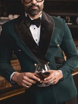 Kostiumas Homme Men' S Suit 2 Pieces Green Blazer Black Pants One Button Velvet Sheer Lapel Fashion Business Modern Wedding Groom