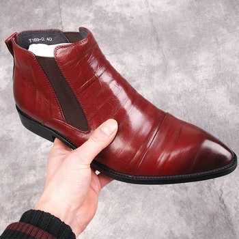 Kulkšnies batai Vyriški natūralios odos batai Prekės ženklas Oficialūs vyriški suknelės batai ir batai Juodas bordo slydimas ant vyriškų Chelsea batų