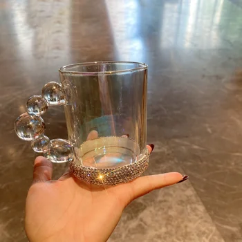 Kūrybiniai skaidrūs stikliniai puodeliai Bling Diamond vandens butelis Pagrindinis gėrimų indas Pusryčiai Pienas Kawaii puodelis su rankena Puodeliai Kavos puodeliai