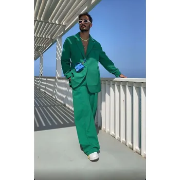 Laisvi žali vyriški kostiumai Blazer viengubas krūtinės įpjovos atlapas 2 dalių švarko kelnės Blazer Kelionių verslas pilnas komplektas Pritaikytas