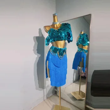 Lotynų šokio spektaklio drabužiai Moteriški aukščiausios klasės blizgučių kutų konkurso drabužiai Cha Cha Latin drabužių rinkinys