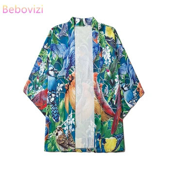 Mada 2021 Vasaros papūga Spausdinti Laisvi japoniški gatvės drabužiai Megztiniai Moterys Vyrai Harajuku Haori Kimono Cosplay palaidinė Top Yukata