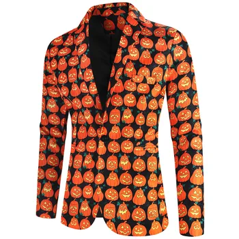 Mens Halloween Pumkin Oranžinė striukė Juokinga Kalėdų senis Atspausdintas vieno mygtuko švarkas Atviras priekis Verslo biuro darbo kostiumai
