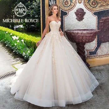 Michelle Royce Šampano vestuvinės suknelės moteriai 2024 siuvinėjimas be petnešėlių 3D gėlės Ball Gown vestuvinė suknelė Vestido De Novia