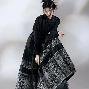 Ming dinastijos Hanfu arklio veido sijonas Moterų klostės sijonas Juodai balti marškiniai+Sijonas Rinkiniai Kinų tradicinis Hanfu sijonas plius dydis