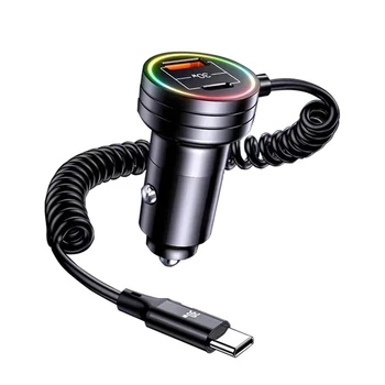 Mini USB automobilinio įkroviklio adapteris 60 W greitas įkrovimas su kabeliu 3 in 1 su C tipo spyruoklės išplėtimo kabelio adapteriu, skirtu 