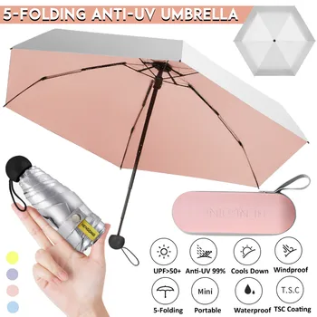 Moterys Prabangus lengvas skėtis Juoda danga Parasol 5 Fold Sun Rain Umbrella Unisex Travel Protable Pocket Mini skėtis