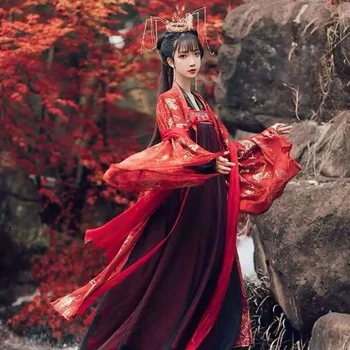 Moterų makiažas Nauja kinų tradicinė Hanfu suknelė Pavasario ir rudens modelis Dviejų dalių rinkinys Pilna krūtinė Fėjos suknelė Raudoni drabužiai