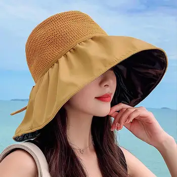 Moterų skrybėlė nuo saulės Didelis kraštas sulankstomas tuščiaviduris kvėpuojantis nuo UV apsaugos nuo lanko kaklaraiščio dekoras Moterų kremas nuo saulės Vasaros skrybėlių paplūdimio kepurė lauke