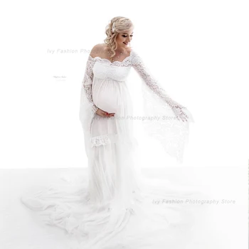 Motinystės fotografijos rekvizitai Suknelė Balti verpalai Šifono grindų šluostymas Didelis sijonas Fotosesija Fotografijos suknelė moterims