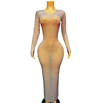Naktinio klubo baras Dainininkės sceninis pasirodymas Kostiumas Blizgus pilnas cirkonio tinklelis Ilga suknelė Seksualus skaidrus modelis 
