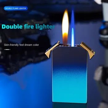 Naujas dvigubos ugnies žiebtuvėlis Metalinis pripučiamas mėlynas liepsna Vėjo nepraleidžiantis degiklis Žiebtuvėlis Kūrybinė mada Rūkymo aksesuarai Vyriška dovana